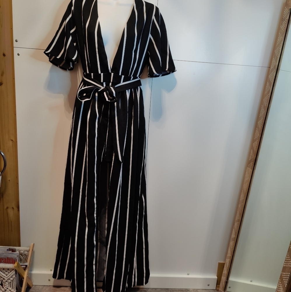 Black White Striped Maxi Dress Romper S Plunge Tie Waist Open Back - Picture 3 of 5